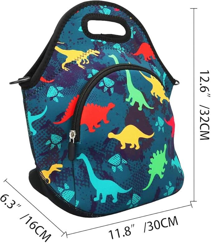 Violet Mist Neoprene Lunch Bag Insulated Lunch Bag Tote Cute Dinosaur Large Thermal Lunchbags with Extra Pocket Detachable Adjustable Shoulder Strap Lunchbox Food Handbags Gifts for Women Men Adult