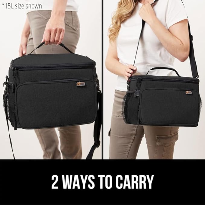 GORILLA GRIP Reusable Insulated Lunch Box Bag for Women Men,15L, Leakproof XL Soft Cooler Bags, Multiple Compartments, Mesh Pockets and Adjustable Strap, Food Tote Keeps Drinks Cold, 13x9, Black