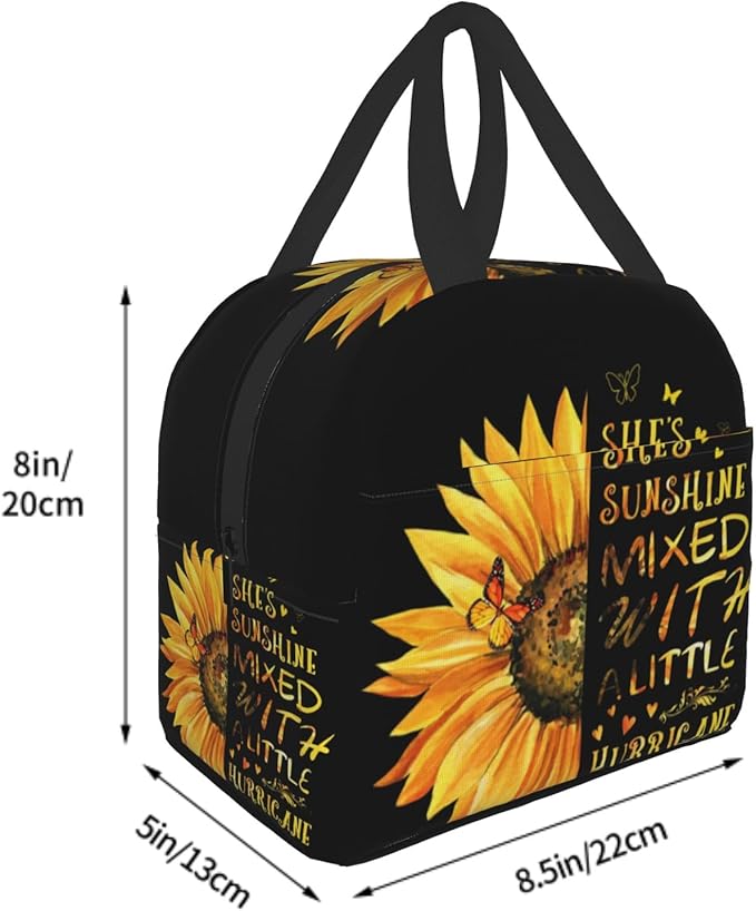 Giwawa Sunflower Insulated Lunch Bag for Girls Women, Sunshine Yellow Floral Inspirational Thermal Lunch Box with Front Pocket Reusable Meal Cooler Tote Bag for Kids Teens College Office