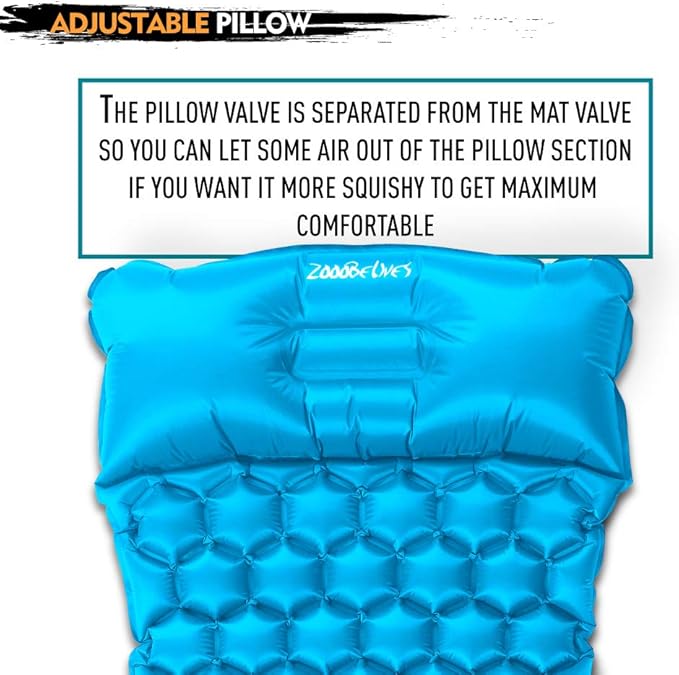 ZOOOBELIVES Ultralight Sleeping Pad with Pillow– Inflatable Camping Mat for Backpacking, Traveling and Hiking, Compact and Portable Multiple Color Options