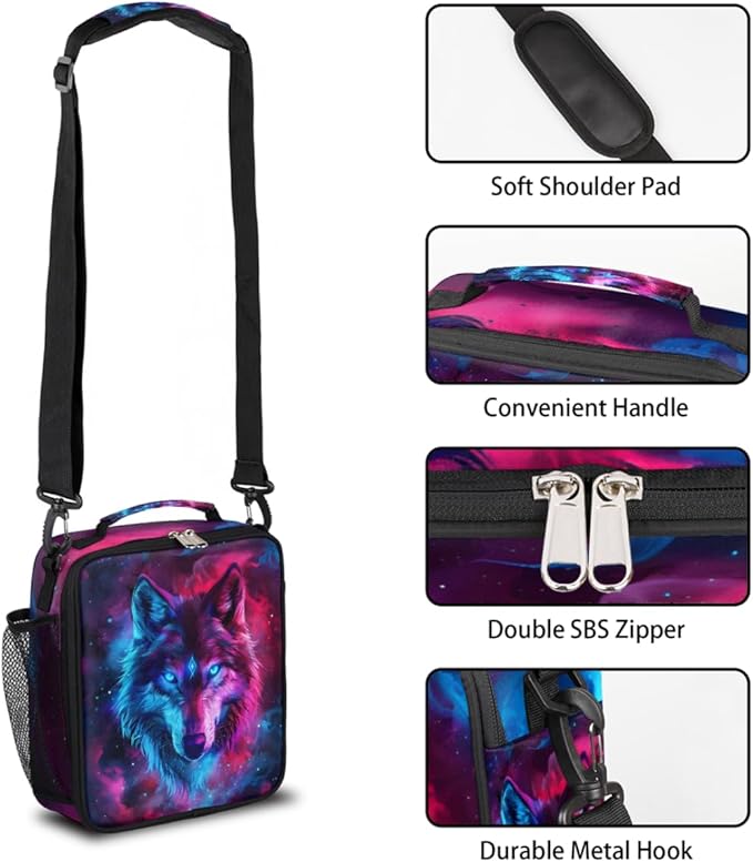 Wolf Lunch Box for Kids, Ethnic Wolf Space Galaxy Lunch Bag for Boys Girls, Reusable Insulated Waterproof Lunch Box with Adjustable Shoulder Strap Thermal Cooler Tote Bag for School Daycare Picnic