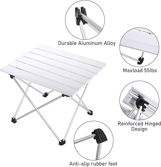 Tesouro Portable Camping Table,Folding Side Table Aluminum Top for Outdoor Cooking, Hiking, Travel, Picnic (Medium, Sliver)