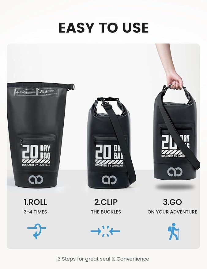 Lamicall Dry Bag Waterproof Backpack - [Zippered Pocket] 10L/20L Roll Top Waterproof Bag with Water proof Phone Case, Floatable Drybag for Swimming, Boating, Kayaking, Camping, Beach