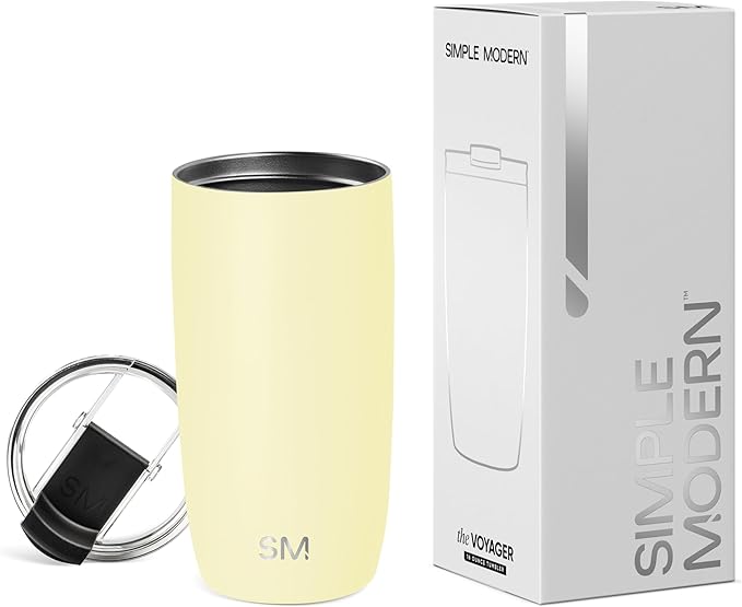 Simple Modern Travel Coffee Mug Tumbler with Flip Lid | Reusable Insulated Stainless Steel Cold Brew Iced Coffee Cup Thermos | Gifts for Women Men Him Her | Voyager Collection | 16oz | Buttercup