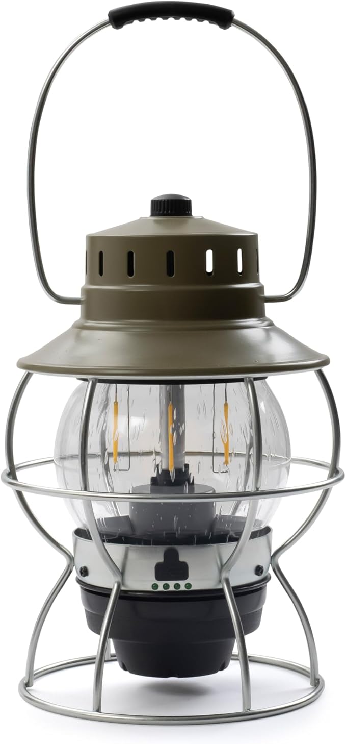 Barebones Railroad Lantern – Olive Drab, Vintage-Inspired LED Camping Lantern with Rechargeable Battery – Adjustable Brightness Outdoor Light for Camping Gear, Backyard, and Home Decor