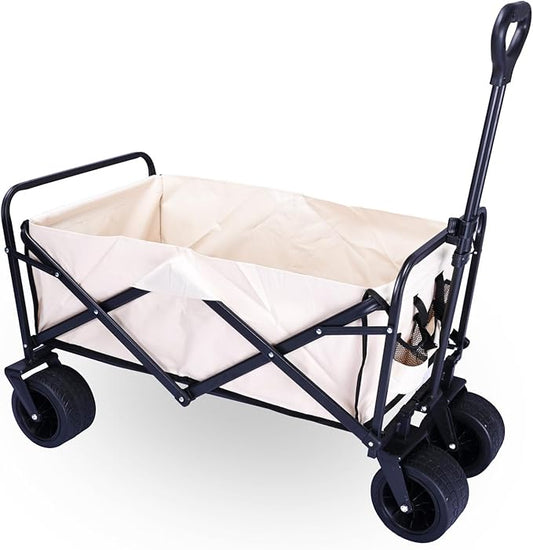10 Inch Dual Brake Wheels Camping Cart，Collapsible Foldable Wagon, Beach Cart Large Capacity, Heavy Duty Folding Wagon Portable, Collapsible Wagon for Sports, Shopping Cart (Khaki)