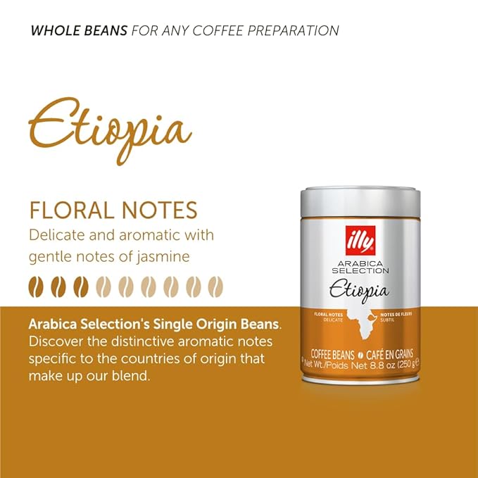 illy Arabica Selections, Ethiopia Whole Bean Coffee, 100% Arabica, Single Origin, Light Roast with Notes of Jasmine, All-Natural, No Preservatives, 8.8 Ounce Can (Pack of 6)