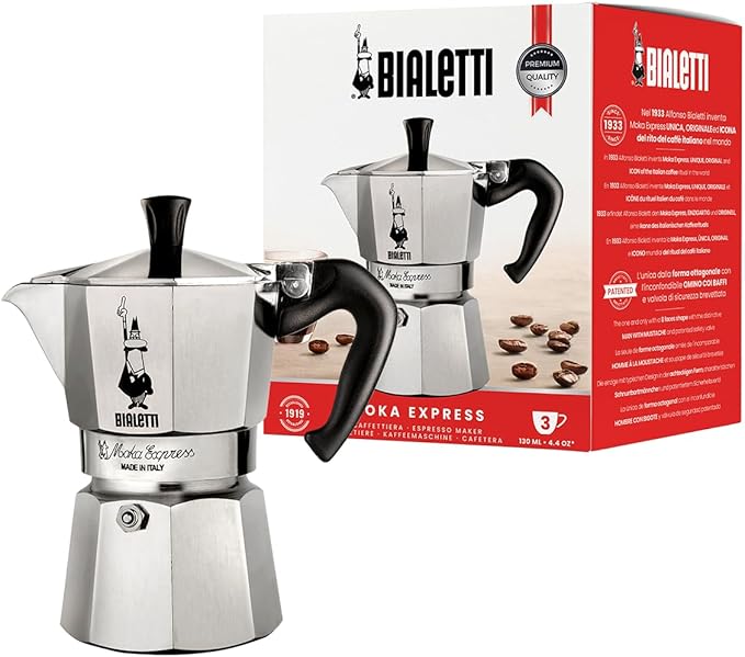 Bialetti Moka Express Iconic Italian Stovetop Espresso Maker 3 Cups, Aluminium, Silver
