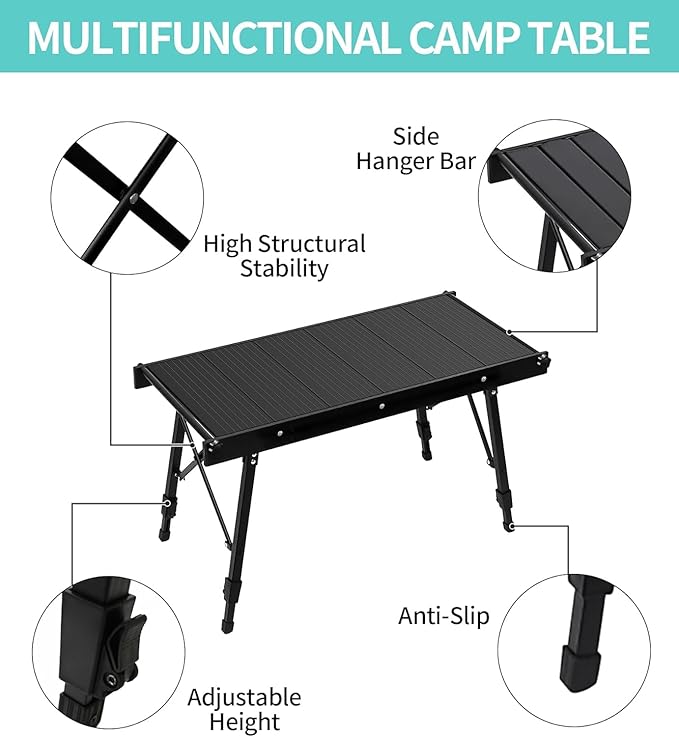 Camping IGT Folding Table, Portable for Outdoor Picnic, Ultralight with Carry Bag, Switchable Tabletop for Multi-Functional Use IGT Beach (Widen Black)