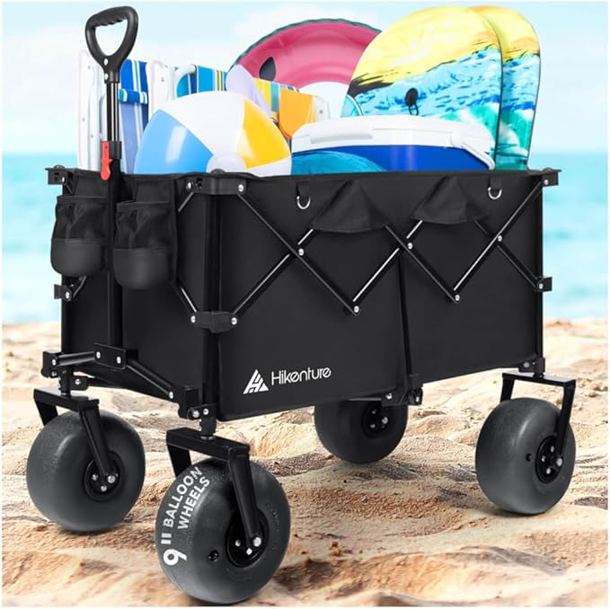 Hikenture Beach Wagon with Balloon Wheels, 9" PU Tires Collapsible Wagon, 308lbs Heavy Duty Beach Cart with Big Wheels for Sand, Large Capacity Utility Wagons Carts Foldable