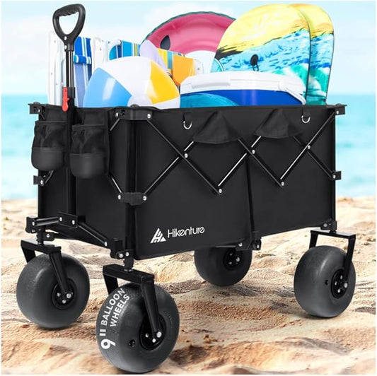 Hikenture Beach Wagon with Balloon Wheels, 9" PU Tires Collapsible Wagon, 308lbs Heavy Duty Beach Cart with Big Wheels for Sand, Large Capacity Utility Wagons Carts Foldable