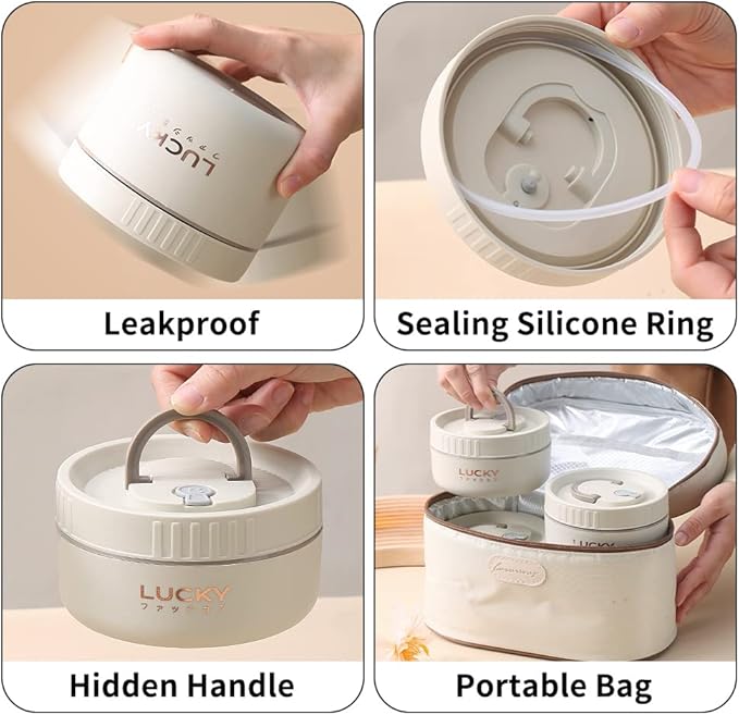 YBOBK HOME Thermal Bento Box Aldult Lunch Box, Portable Insulated Lunch Container For Work Picnic, Keep Warm Stainless Steel Food Container With Bag, Induction Cooker & Microwave Safe (Beige 68oz)