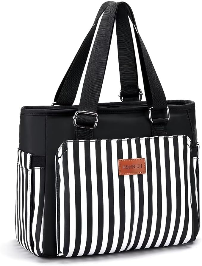 Large Women Lunch Bags for Work/Insulated Adult Lunch Box for Women/Leakproof Cooler Lunch Tote Bag with Storage Pocket. Reusable Lunch Cooler Purse for Work Picnic Hiking 12L, Black Stripes