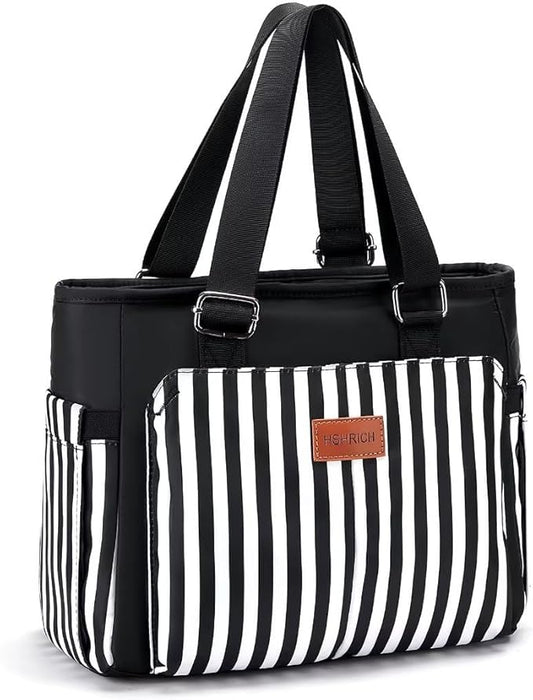 Large Women Lunch Bags for Work/Insulated Adult Lunch Box for Women/Leakproof Cooler Lunch Tote Bag with Storage Pocket. Reusable Lunch Cooler Purse for Work Picnic Hiking 12L, Black Stripes