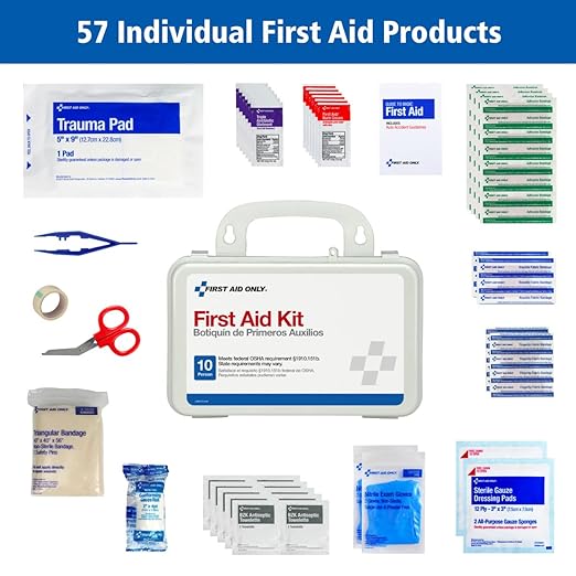 First Aid Only 6060 All-Purpose 10-Person Emergency First Aid Kit for Business, Worksite, Home, and Car, 57 Pieces