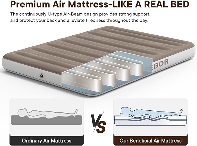 Camping Air Mattress Queen, Height 9" Durable Queen Airbed, Inflatable Blow Up Mattress Raised Airbed with Storage Bag, Portable Air Bed for Camping Travel and Home, 660 lb MAX (No Pump)