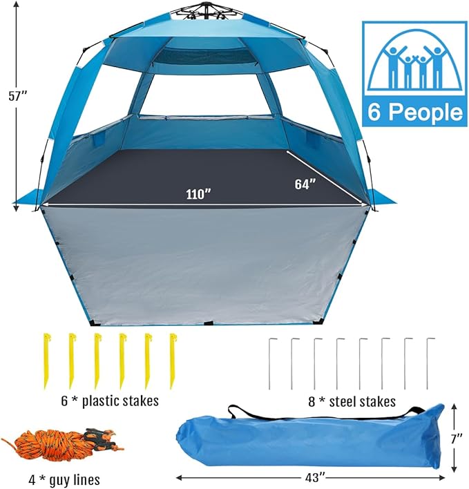 WhiteFang Deluxe Pop Up Beach Tent Sun Shade Shelter for 3-4/5-6 Person, UV Protection, Extendable Floor with 3 Ventilating Windows Plus Carrying Bag, Stakes, and Guy Lines