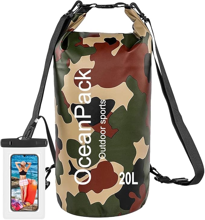 Waterproof Dry Bag 2L/5L/10L/20L/30L, Dry Sack for Kayaking Rafting Boating Beach Surfing Swimming, Camping, Hiking, Beach, Fishing Green Backpack with Waterproof Phone Case