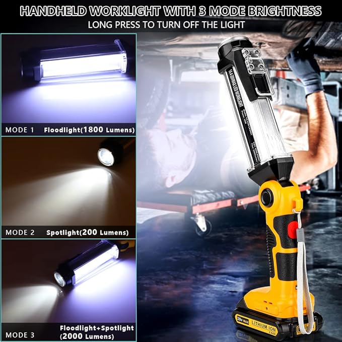 Flashlight for Dewalt 20v Battery, 35w 2000LM Portable Light with 3 Modes Lighting, USB-A Charging Port, Hook for Car Repairing, Garage, Jobsite, Power Outages