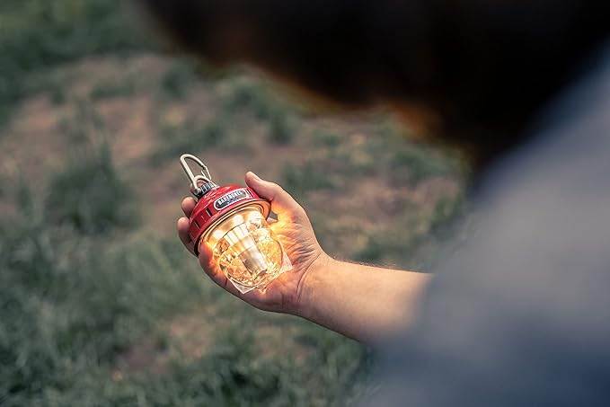 Barebones Beacon Hanging Light – Red, Rechargeable LED Camping Lantern with Adjustable Brightness – Weatherproof Vintage-Style Hanging Lantern for Outdoor Adventures and Year-Round Use