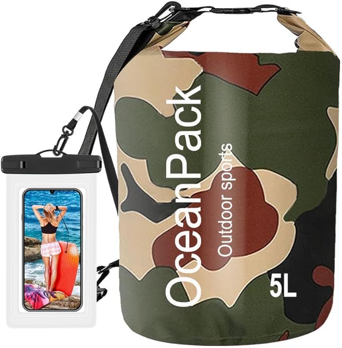 Waterproof Dry Bag 2L/5L/10L/20L/30L, Dry Sack for Kayaking Rafting Boating Beach Surfing Swimming, Camping, Hiking, Beach, Fishing Green Backpack with Waterproof Phone Case