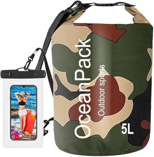 Waterproof Dry Bag 2L/5L/10L/20L/30L, Dry Sack for Kayaking Rafting Boating Beach Surfing Swimming, Camping, Hiking, Beach, Fishing Green Backpack with Waterproof Phone Case