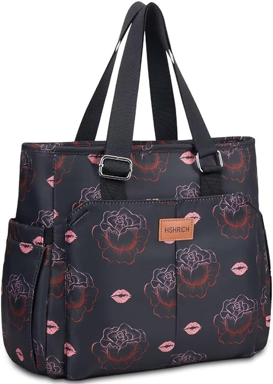 Large Women Lunch Bags for Work/Insulated Adult Lunch Box for Women/Leakproof Cooler Lunch Tote Bag with Storage Pocket. Reusable Lunch Cooler Purse for Work Picnic Hiking 14L,Black Rose