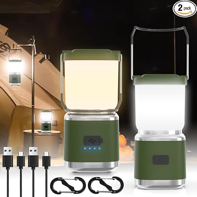 Small Camping Lantern Rechargeable -4inch, 2000LM LED Camping Lights Lantern with Redlight&20Hours Runtime& Stepless Dimming, Hurricane Emergency Lights for Power Outages, Waterproof Camping Lamp,2pcs