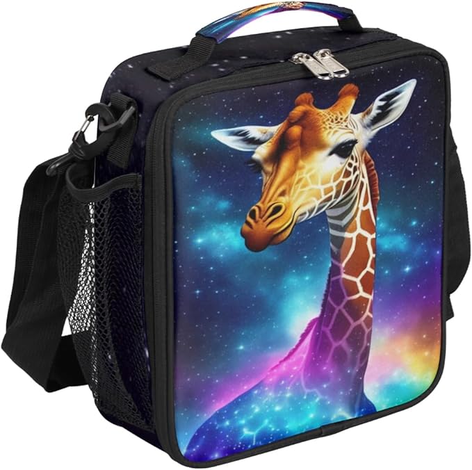 Galaxy Rainbow Giraffe Insulated Lunch Bag for Girls Boys Teen Cute Colorful Reusable Lunch Box with Shoulder Strap Freezable Thermal Cooler Bag Meal Prep for School Travel Picnic Beach Lunch Pail