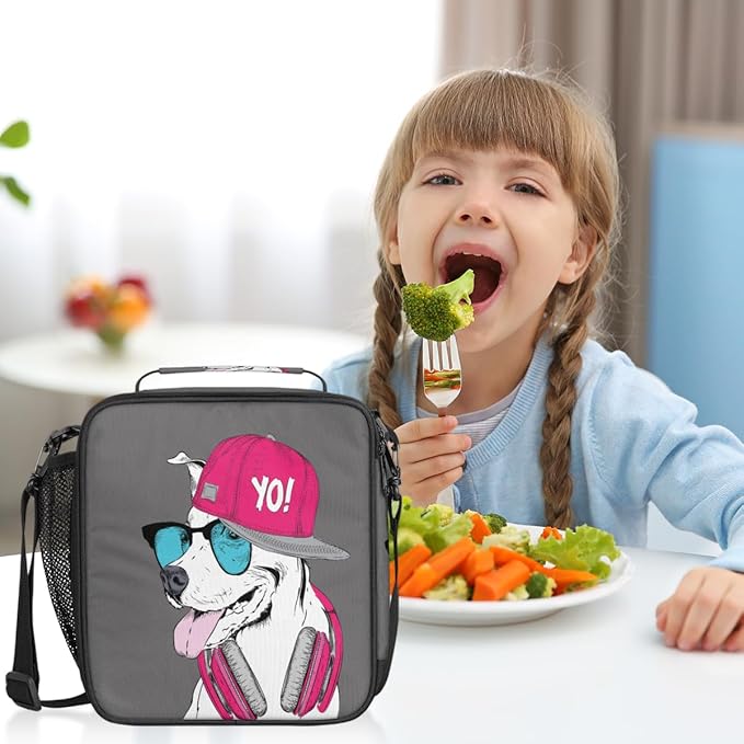 Grey Pink Dog Insulated Lunch Bag for Girls Boys Teen Funny Dog Reusable Lunch Box with Shoulder Strap Freezable Thermal Cooler Bag Meal Prep Boxs for School Travel Picnic Beach Lunch Pail