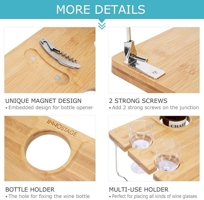 INNO STAGE Portable Picnic Table with Wine Glass and Bottle Holder, Folding Bamboo Snacks Tray Outdoor Living Camping Beach Party Accessories for 1-4 Persons