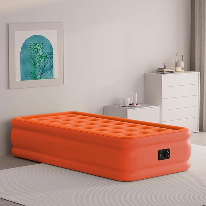 Air Mattress Twin with Built in Pump, 18" Foldable Blow Up Mattress, Portable Comfort Self Inflating Mattress with Flocked Top, Storage Bag for Camping, Home, Guests, Orange