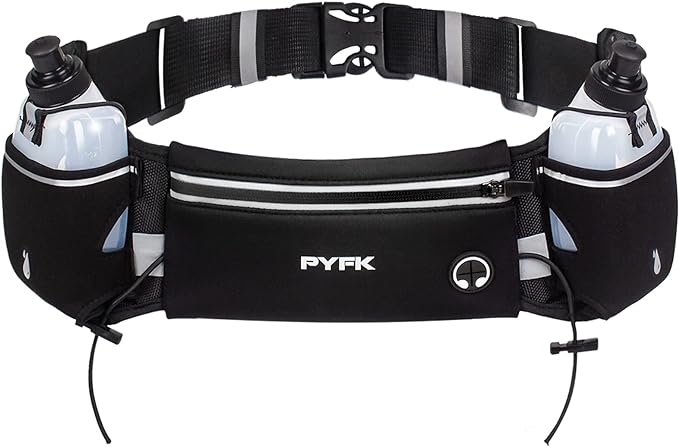PYFK Upgraded Running Belt with Water Bottles, Hydration Belt for Men and Women, Water Bottle Holder Running Pouch Belt, Fanny Pack Fits 7 inches Phones, Waist pack for Running Hiking Climbing
