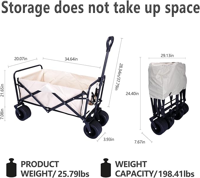 10 Inch Dual Brake Wheels Camping Cart，Collapsible Foldable Wagon, Beach Cart Large Capacity, Heavy Duty Folding Wagon Portable, Collapsible Wagon for Sports, Shopping Cart (Khaki)