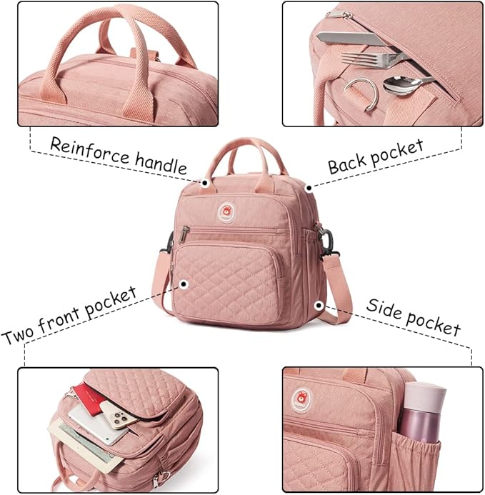 Insulated Lunch Bag Backpack for Women/Men, 3 carrying way Lunch Tote, Large Waterproof Cooler Box with Side pockets for Adults, College, Work, Beach, Picnic, Pink