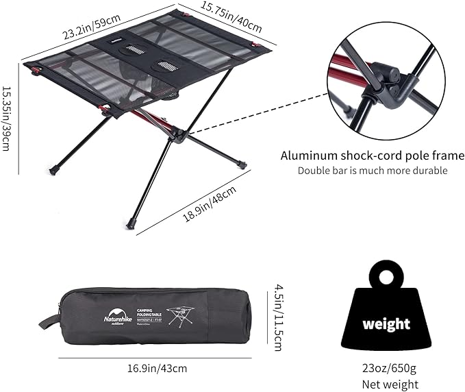 Naturehike FT07 Ultralight Camping Table, 1.6 LBS Portable Backpacking Table with Carry Bag & Cup Holder, Folding Mesh Camp Table for Camping Picnic Beach Fishing