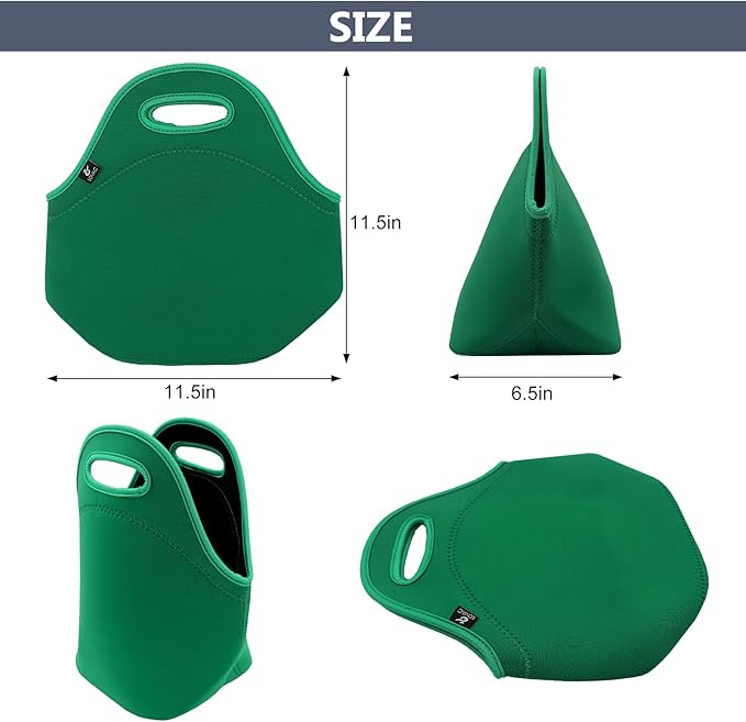 LOVAC Neoprene Lunch Bag, Thick Insulated Lunch Bag - Durable & Waterproof Lunch Tote With Zipper For Outdoor Travel Work (Green)