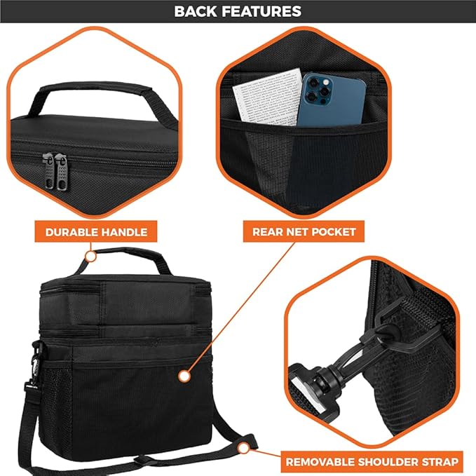 opux Insulated 2 Deck Lunch Bag for Men Women, Large Dual Compartment Cooler Bag for Work School Picnic, Leakproof with Strap for Kid Adult (Black)