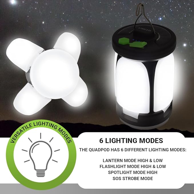 QuadPod Solar Camping Lantern for Camping - Portable Rechargeable LED Lamp Backup Power Bank Perfect for Hiking, Travel and More - Emergency Light for Power Outages, Hurricane, Survival Kits