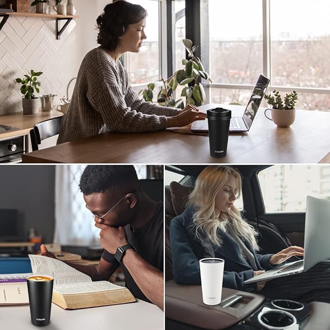 Funkrin Insulated Coffee Mug with Ceramic Coating, 16oz Iced Coffee Tumbler Cup with Flip Lid and Handle, Double Wall Vacuum Leak-Proof Travel Mug for Office School Party Camping