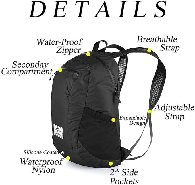 Naturehike 18L Lightweight Hiking Backpack, Waterproof Camping Packable Backpack Ultralight for Travel, Airplane, Small Hiking Daypack for Adults, Black