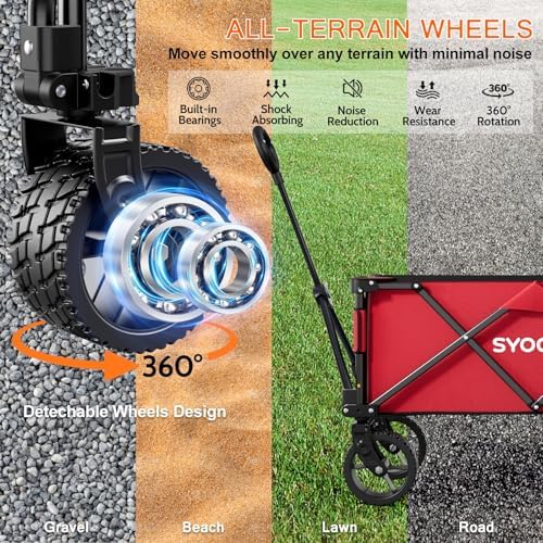 Collapsible Folding Wagon Cart, Heavy Duty Wagon Foldable with 330lbs Weight Capacity, Utility Garden Cart, Beach Wagons with All-Terrain Wheels for Camping, Sports, Shopping, Red