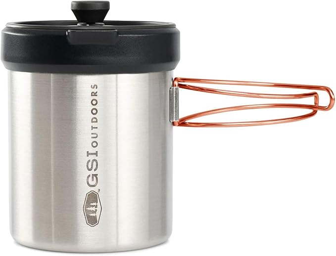 GSI Outdoors Glacier Personal Javapress Stainless Steel Press Mug with Folding Handles and Pour-Through Lid – Brews 22 fl. oz.