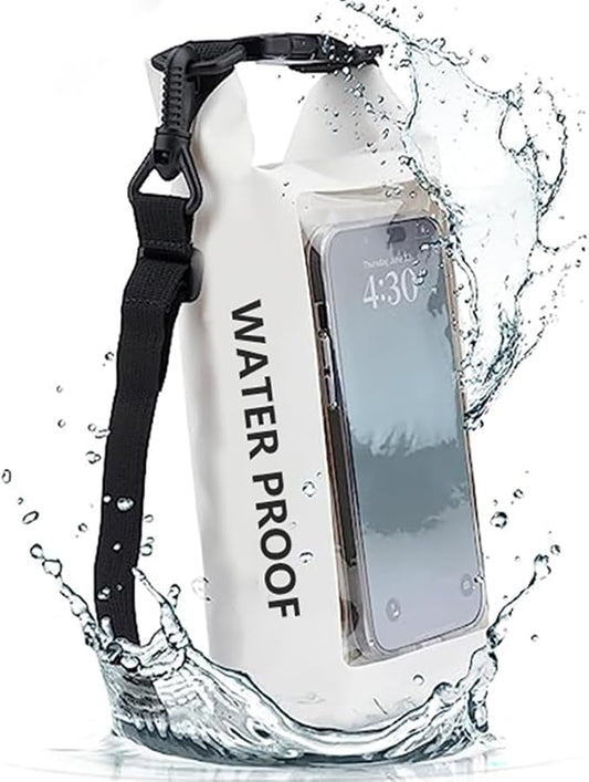 Waterproof Dry Bag, Beach Phone Bag 2L Roll Top Waterproof Backpack w/Phone Case/Pouch, Lightweight Dry Storage Bag for Travel Swimming Boating Kayaking Camping Beach Fishing Rafting (White)