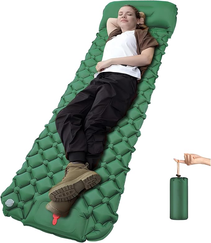 DDD Ultra-Light Inflatable Camping Sleeping Pad with its Built-in Foot Pump and Pillow - The Ultimate Camping pad, Hiking pad, Backpacking Pad and Lightweight for a Outdoor Sleep——Green