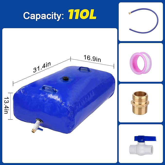 TooTaci 110L/ 29Gal Water Storage Bladder, Portable Water Tank with 3/4" Adapters and Hose, Foldable Water Storage Bag for Drought Resistance, Garden Watering, Emergency Water Storage Containers