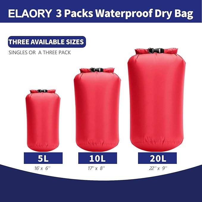Waterproof Dry Bags 3 Pack (5L, 10L, 20L) - Lightweight Waterproof Storage Bags for Travel, Boating, Fishing, Rafting, Swimming, Camping & Outdoor Activities - Durable & Compact Design, Red