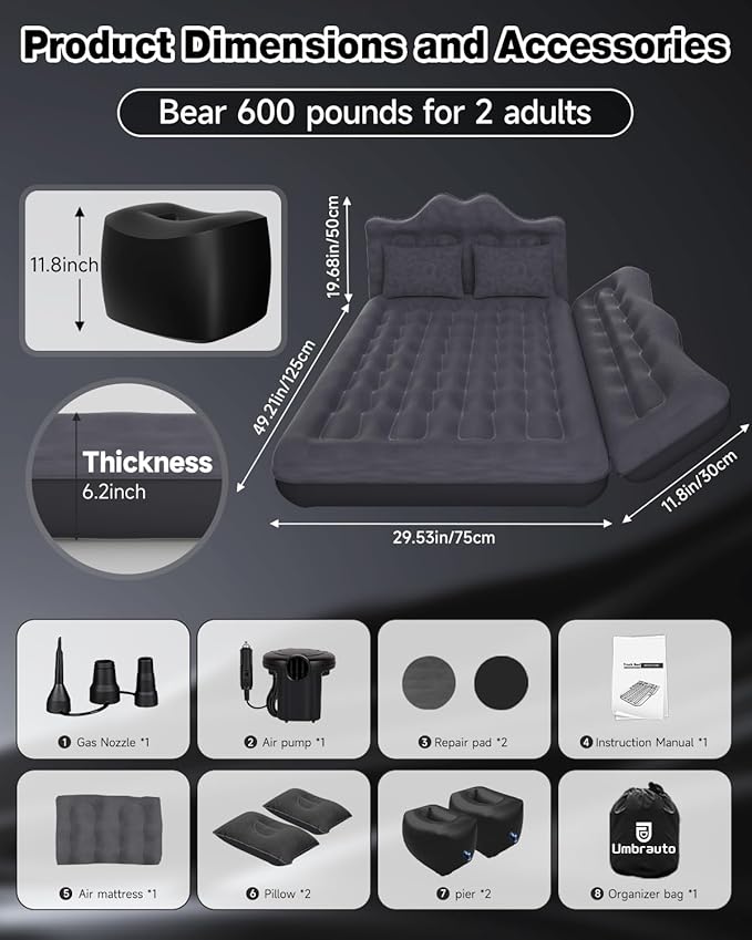 Umbrauto Inflatable Car Mattress Bed: SUV Camping Air Bed for Truck Backseat with Pump & Pillows, Car Sleeping Airbed for Van Back Seat