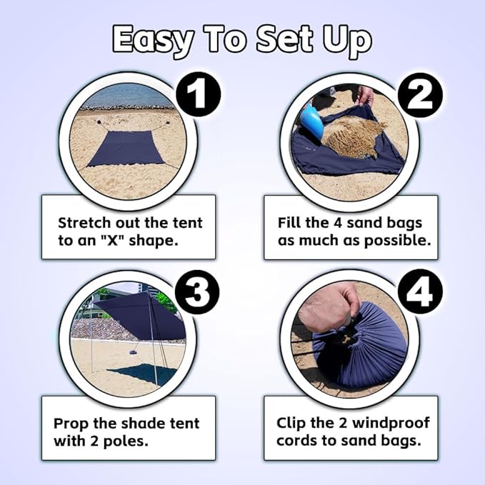 Beach Shade Tent, Portable Easy Pop Up Beach Canopy, UPF50+ Sun Protection Shelter, Windproof & Water Resistant, Perfect for Family