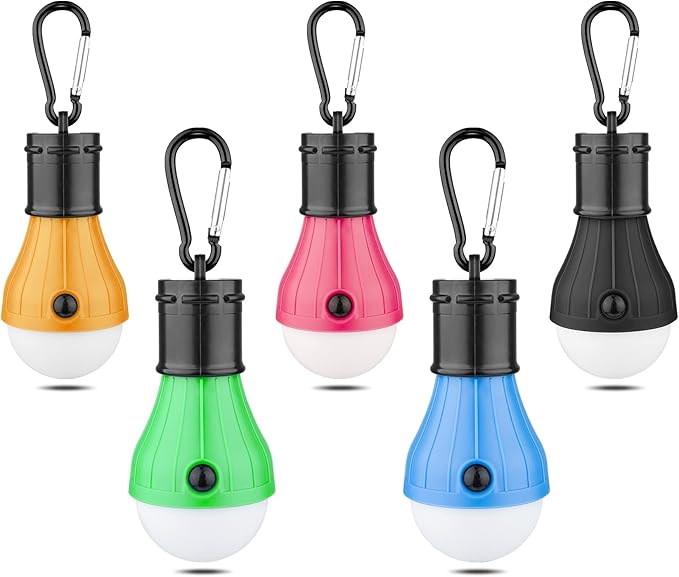 LED Camping Tent Lantern, Portable Outdoor Waterproof Emergency Light Bulb, Battery Powered with Clip Hook, Super Bright, for Hiking, Party，Camping, Fishing, Power Failure (5 Packs, Multi-Color)